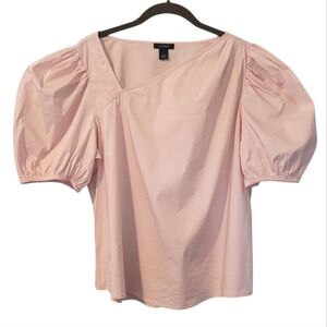 Halogen Pink Puff Short Sleeves Slant Neckline Popover Blouse Top Wmns L Casual